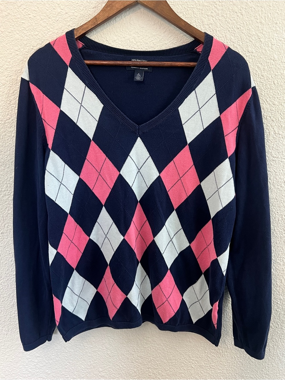 Tommy Hilfiger Pima Cotton Argyle V Neck Sweater Navy Pink XL